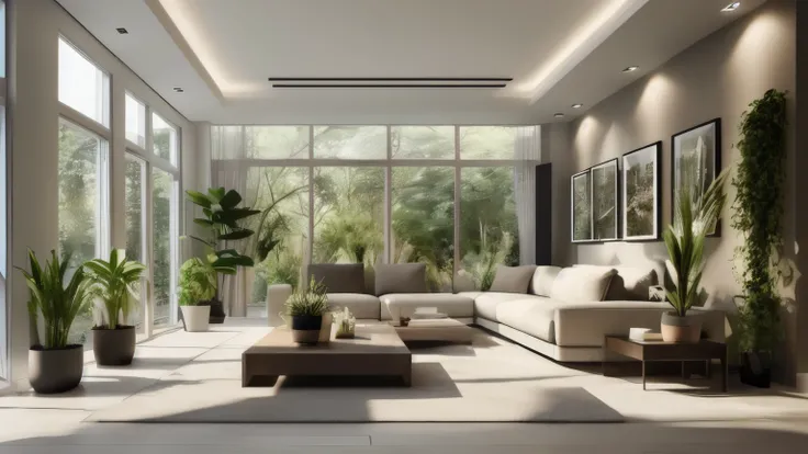 modern living room with full of plants , realistic style