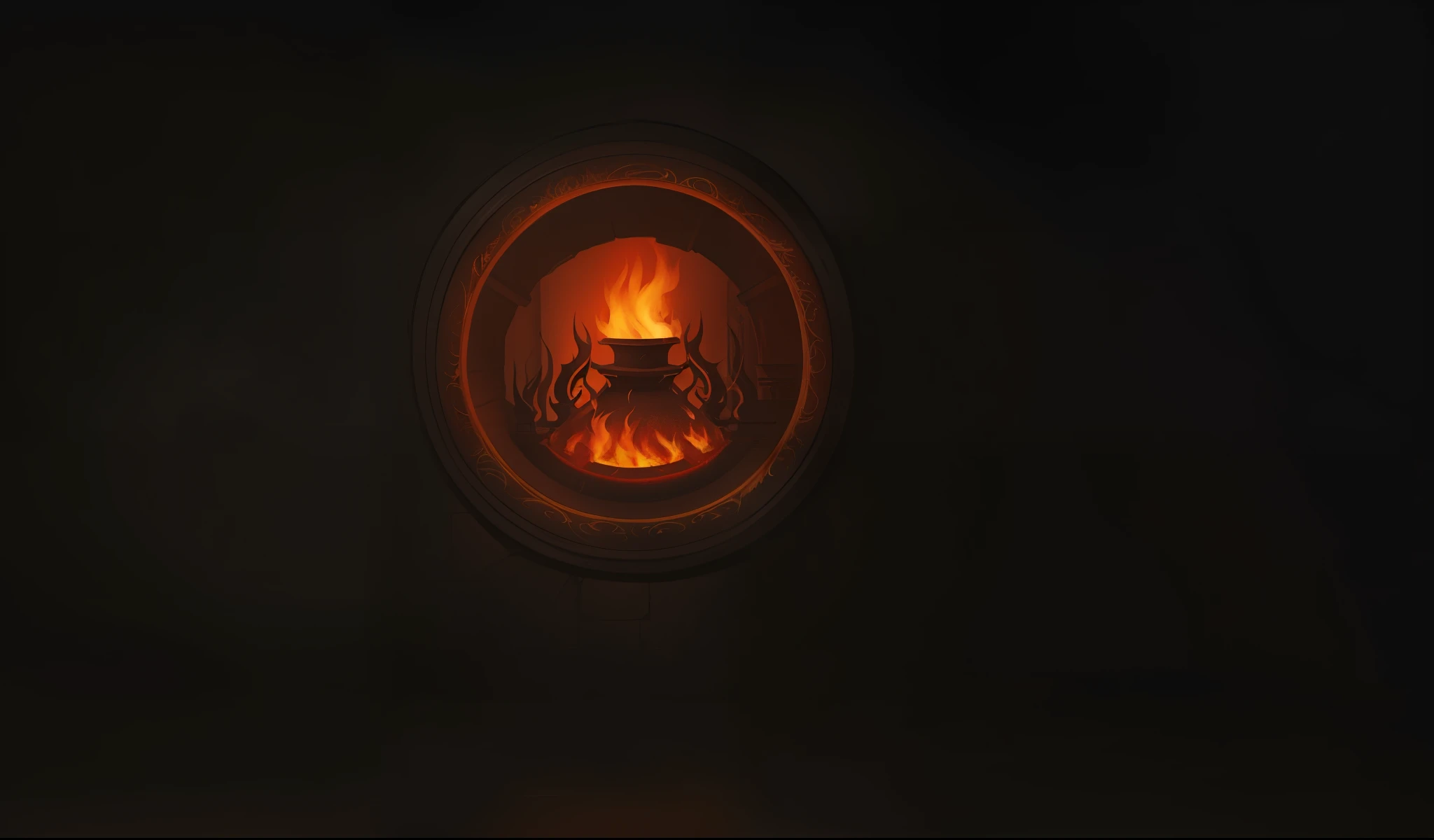 There is a round stove on the wall in dark style，There is a flame burning in the stove，四周有magic style的纹理，Diablo design style，magic style，game design，The art of luminescence，High quality details，8K