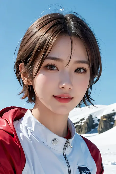 highest quality、masterpiece、ultra high resolution、(real:1.4)、Beautiful woman１、Beautiful details of eyes and skin、smile、light brown short cut hair、The perfect spacesuit、South Pole、glacier、snow、