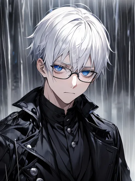 White hair, glasses, blue eyes, raining, depressed, emotionless, staring coldly, shiny eyes, boy, black clothes, blood