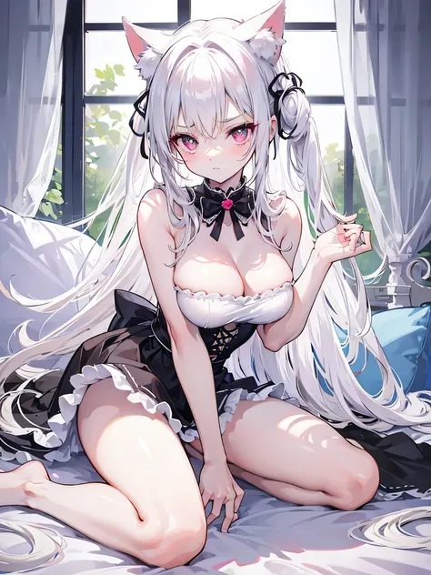 big breasts，Wearing maid outfit，blush, surprise，look at me，red pupils，Lace tights，beautiful hair、 beautiful eyes、 beautiful skin、beautiful legs、beautiful arms、perfect fingers、 very cute，white hair, long hair，white cat ears, white cat tail,best quality，high...