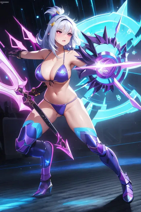 sexy bikini clad female warriors battle, each wields a shield and dagger, in a neon tron styled holographic arena
