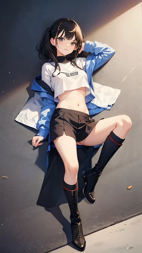 Cute girl, belly button exposed, thin legs, calf-length socks, boots