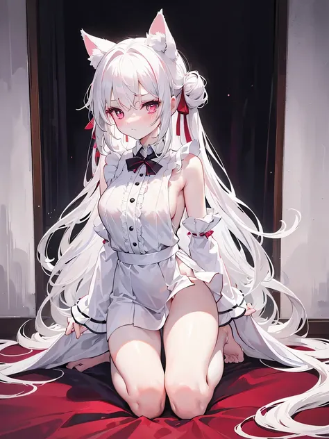 big breasts，Wearing maid outfit，blush, surprise，look at me，red pupils，Lace tights，beautiful hair、 beautiful eyes、 beautiful skin、beautiful legs、beautiful arms、perfect fingers、 very cute，white hair, long hair，white cat ears, white cat tail,best quality，high...