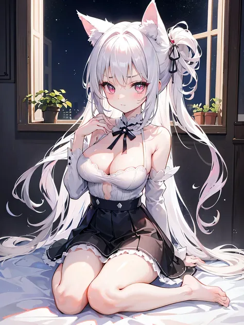 big breasts，突出big breasts，突出裸露的big breasts，Wearing maid outfit，blush, surprise，look at me，red pupils，Lace tights，beautiful hair、 beautiful eyes、 beautiful skin、beautiful legs、beautiful arms、perfect fingers、 very cute，white hair, long hair，white cat ears, w...