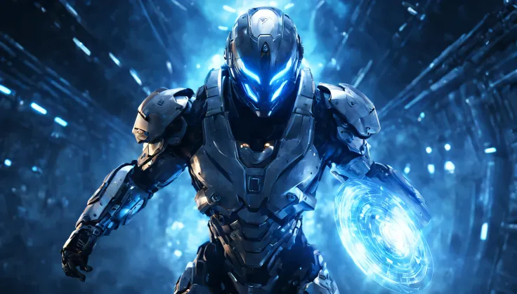 cyber warrior reflects an attack with a transparent energy shield, воин-киборг protected by an energy shield, protected by a transparent shield, tense dramatic atmosphere, Action Scene, pay attention to the energy shield, shield detailed, shield in the cen...