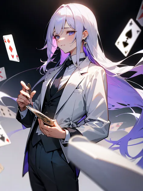 girl、1 person、light purple on the left、white on the rightの髪、The parting at the top of the hair is jagged、straight long hair、casino、playing cardsを使う、Rugged face、white skin、two color hair、subtle smile、be bothered、thin eyebrows、white hair、1 person、The backgro...