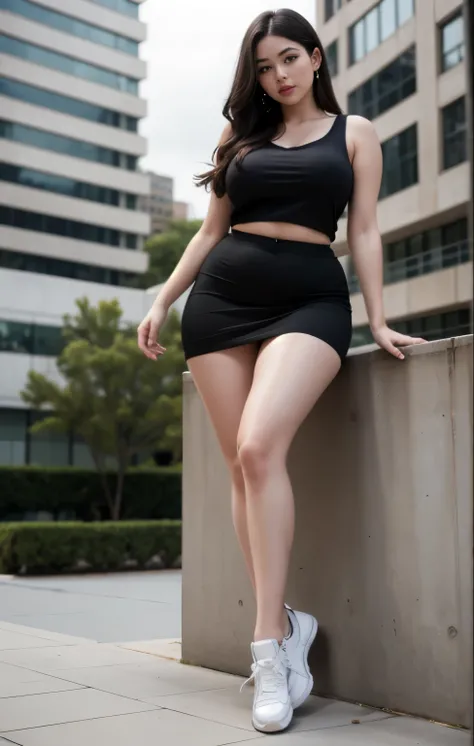 araffe woman sitting on a ledge wearing a black top and skirt, thicc, bbwchan, she has a jiggly fat round belly, hyperrealistic full figure, cinematic goddess body shot, small curvy loli, full body photoshoot, very sexy outfit, sexy look, seductively looki...