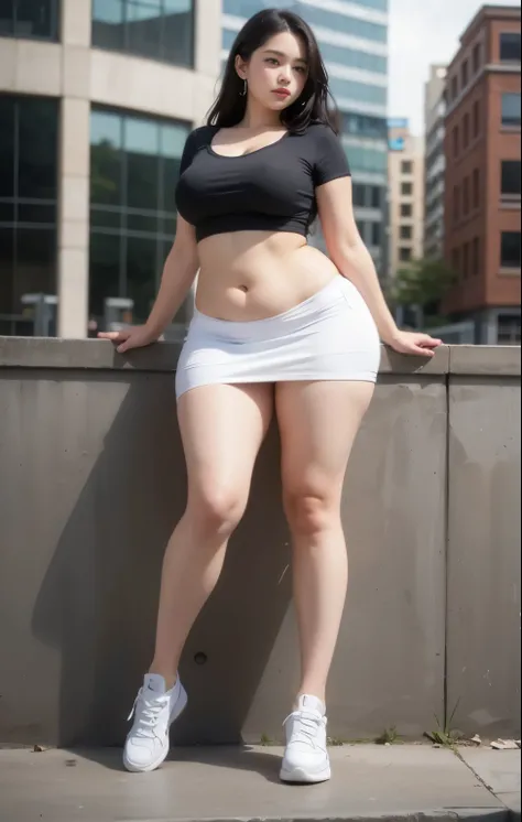 araffe woman sitting on a ledge wearing a black top and skirt, thicc, bbwchan, she has a jiggly fat round belly, hyperrealistic full figure, cinematic goddess body shot, small curvy loli, full body photoshoot, very sexy outfit, sexy look, seductively looki...