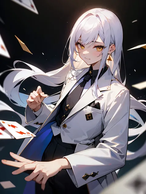 girl、1 person、light purple on the left、white on the rightの髪、The parting at the top of the hair is jagged、straight long hair、casino、playing cardsを使う、Rugged face、white skin、two color hair、subtle smile、be bothered、thin eyebrows、white hair、1 person、The backgro...