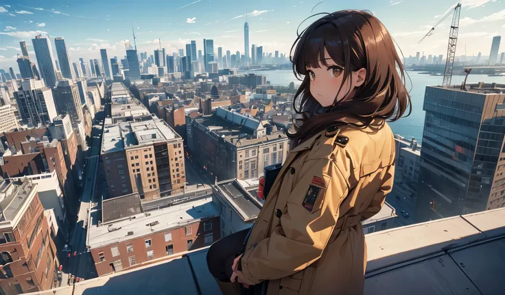 (masterpiece, highest quality),From above , 1girl, solo, ( signboard, brown eyes, brown hair, building, city, 曇りnull, coat, boots, crane (mechanical), Dutch angle, From the side, light frown, look at the audience, outdoor, rooftop, null, Skyscraper