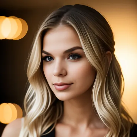 1girl, blonde girl, blonde hair, cinematic film still, Softbox lighting sculpts her features, accentuating delicately lined eyes and highlighter-kissed cheekbones. Wavy platinum locks are swept to one side in a messy updo. plain simple backdrop, grey backg...