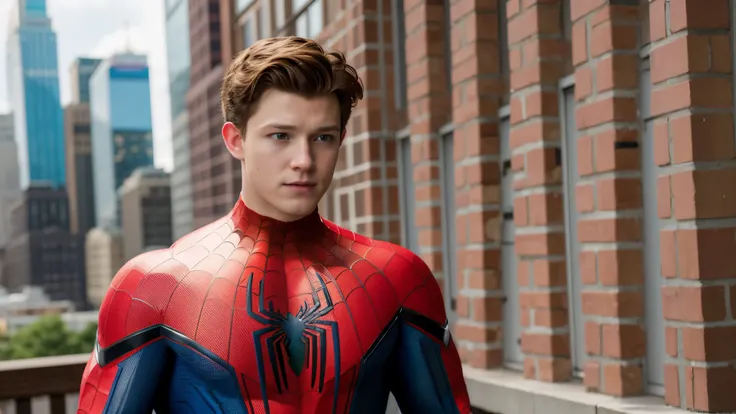 masterpiece, best quality, spider-man costume, nomask, tom holland like, blonde hair, blue eyes, standing, new york background 