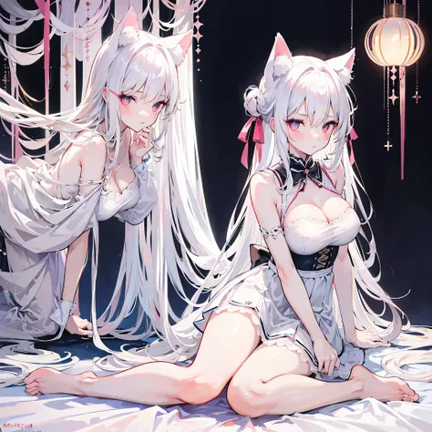 big breasts，Wearing maid outfit，blush, surprise，look at me，red pupils，Lace tights，beautiful hair、 beautiful eyes、 beautiful skin、beautiful legs、beautiful arms、perfect fingers、 very cute，white hair, long hair，white cat ears, white cat tail,best quality，high...