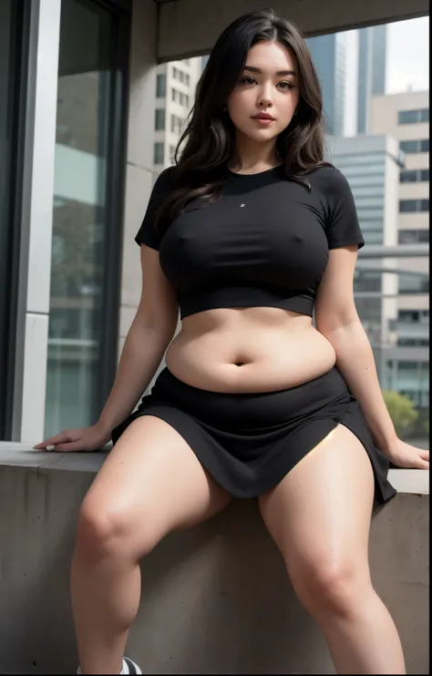 araffe woman sitting on a ledge wearing a black top and skirt, thicc, bbwchan, she has a jiggly fat round belly, hyperrealistic full figure, cinematic goddess body shot, small curvy loli, full body photoshoot, very sexy outfit, sexy look, seductively looki...