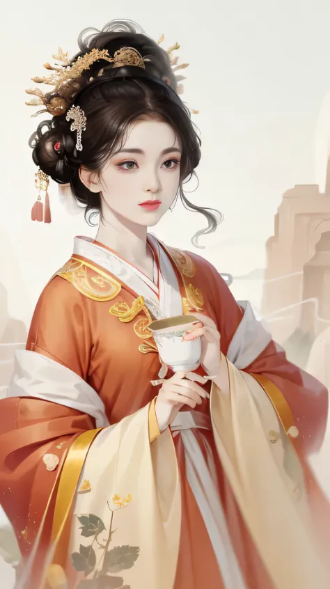 A beautiful girl from the Tang Dynasty of China，Holding a cup in hand，The facial features are delicate and fair，Cool temperament，red clothes，Black hair coiled into a bun，Wearing a golden coat，Chinese Song Dynasty costume，red gold dress，long black hair，Sunl...