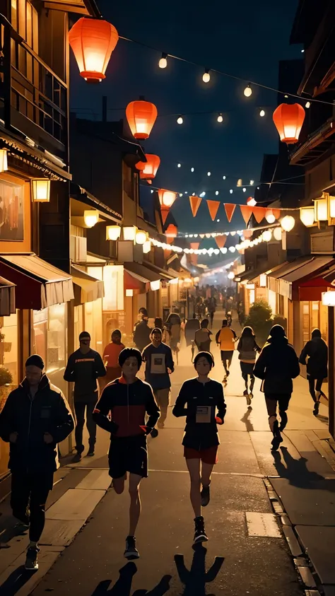 Many people running on the asphalt road in a top view perspective, with red lanterns hanging elegantly from the street lights on both sides, illuminating the warm colors of the scene in high resolution and clarity enhancement. The scene unfolds in the outd...