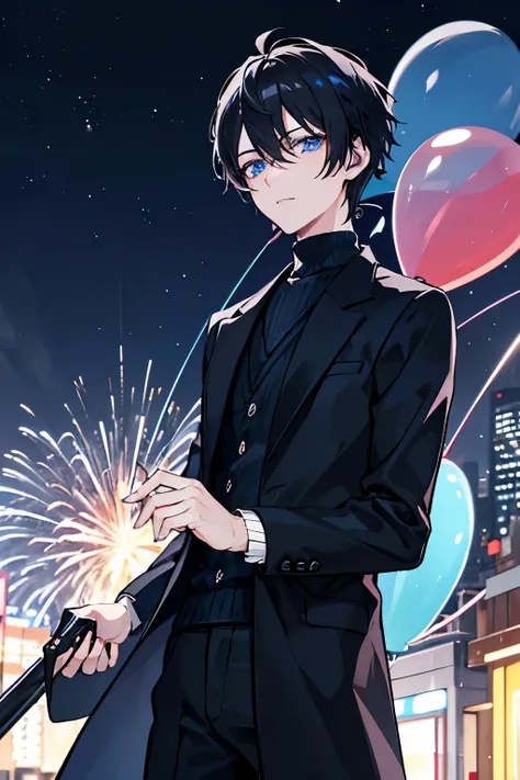 male　black hair　blue eyes　sweater　Check slacks　vest　coat　firework　In town　parade　matrix　festival　countless floating balloons　Countless lights　night view　masterpiece　Highest image quality　noise removal　clear parts 　cinematic shadow　Increased attractiveness ...