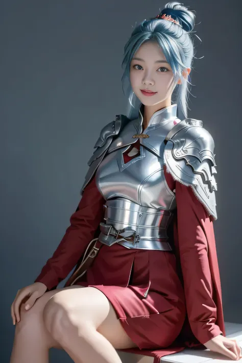 Chinese female general Hua Mulan，Saffron Hu suit lining，Detail the eyes，Crimson cape，Silver metal breastplate，silver helmet，battlefield background，majestic，Smile（open mouth）（The corners of the mouth are raised），Leather tunic，Knee armor，Eight clones，silver ...