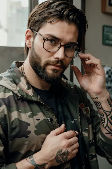 tall rip handsome guy with beard and glasses wearing camo jacket , hands covered with tattoo
