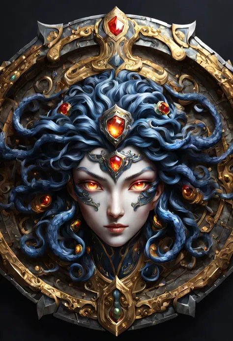 Aegisのshieldを描きます,A deformed design of Medusa&#39;face and hair.,Magic Stone,Metallic luster,inlay,Bright colors,beautiful光と影,light reflection,Ausan rendering,Draw in detail,Super detailed,Clear patterns,beautiful,works of art,masterpiece,made by master,伝説...