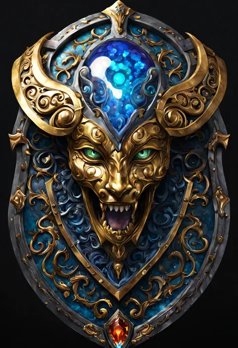 Aegisのshieldを描きます,A deformed design of Medusa&#39;face and hair.,Magic Stone,Metallic luster,inlay,Bright colors,beautiful光と影,light reflection,Ausan rendering,Draw in detail,Super detailed,Clear patterns,beautiful,works of art,masterpiece,made by master,伝説...