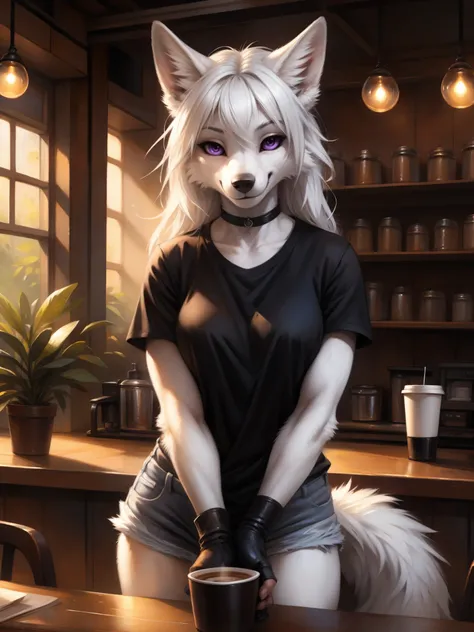 by kenket, by totesfleisch8, (by thebigslick, by silverfox5213:0.8), (by syuro:0.2), an all white wolf, female, purple eyes, white sclera, white wolf ears, long white hair, long white bangs, hair parted in the middle, cute snout, black nose, wolf tail, wea...