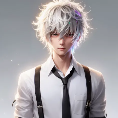 anime boy with white hair and suspenders wearing a tie, male anime character, young anime man, tall anime guy with blue eyes, anime boy, 4k anime wallpaper, detailed anime character art, white haired, best anime 4k konachan wallpaper, anime character, anim...