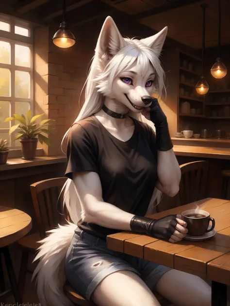 by kenket, by totesfleisch8, (by thebigslick, by silverfox5213:0.8), (by syuro:0.2), an all white wolf, female, purple eyes, whi...