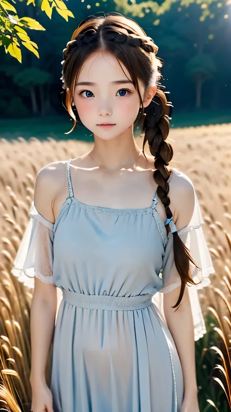 one woman、cute face、Rin々new expression、Japanese、charming eyes、Cream hair、french braid、18 years old、gray eyes、camisole dress、blue outerwear、outdoor、Rinとした佇まい、Wheat field