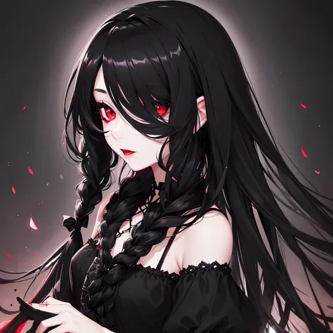 1girl,sense of deps,disorganized,catch light,Super beautiful illustrations,(black color,long hairstyles:1.6),dark dark eyeshadow,bright red lipstick,gothic lolita,Upper body,;D,beautiful and delicate flowing hair,Delicate and detailed red eyes