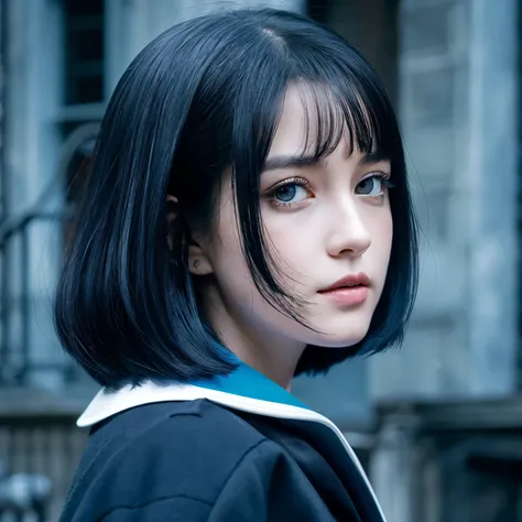 black hair,blue when exposed to light，bob，gray eyes，Patchuri，white skin，Ravenclaw