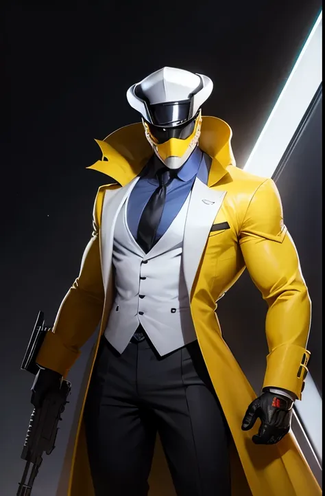 Supervillian, elegant suit, happy face yellow mask, hat, armory backgorund, guns everywhere, illuminatez, white light, full body