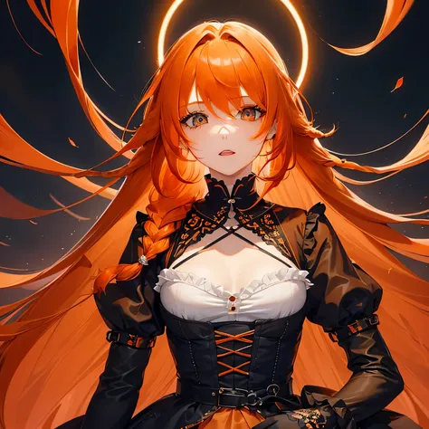 1 girl,Depps Sense,confused,catch light,Super beautiful illustration,(orange hair,long hairstyles:1.6),turn around,eye shadow,(Red clothes,Gothic Lolita),Upper body,;d,beautiful and delicate flowing hair,delicate and detailed blue eyes,emphasized chest