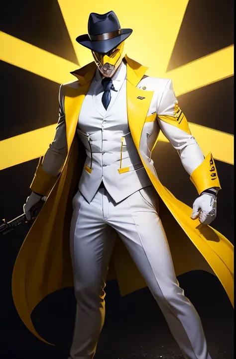 Supervillian, elegant suit, happy face yellow mask, hat, armory backgorund, guns everywhere, illuminatez, white light, full body