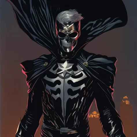 Superhero dressed in black with a skull face and white hair ART by Alex Ross 