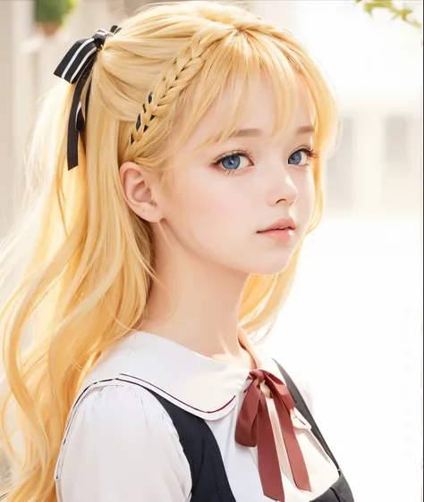 A girl with realistic blonde hair, (same realistic hairstyle), realistic ribbon hair clip, realistic pretty+cute face, realistic cool expression, adapt the same realistic clothes,realistic light, realistic shadows, realistic background, good image quality,...