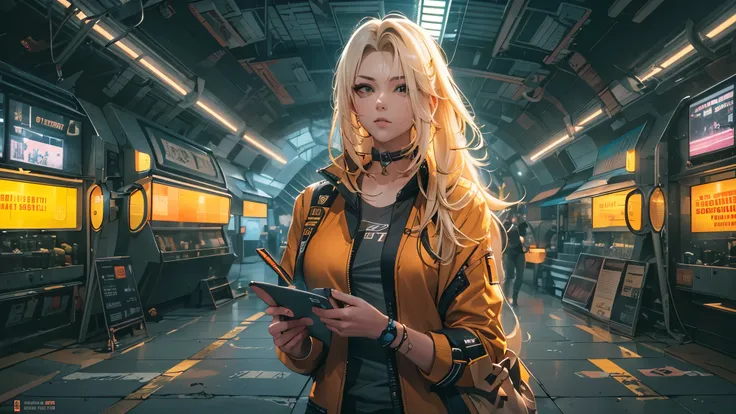 cyberpunk, female, 1 reporter, station background, blond hair, long hair, yellow jumper, microphone in right hand, focus on uppe...