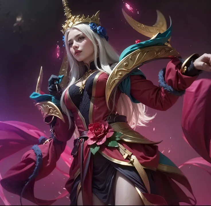 White hair, woman on red and gold costume,gold armor, big rose flower on waist, Ultra Realistic, ultra hd 8k