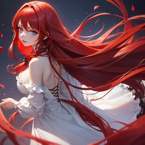 1 girl,Depps Sense,confused,catch light,Super beautiful illustration,(redhead,long hairstyles:1.6),turn around,eye shadow,(Red clothes,Gothic Lolita),Upper body,;d,beautiful and delicate flowing hair,delicate and detailed blue eyes,emphasized chest,big bre...