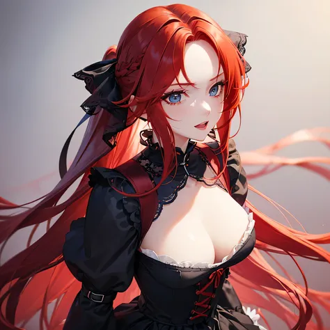 1 girl,Depps Sense,confused,catch light,Super beautiful illustration,(redhead,long hairstyles:1.6),turn around,eye shadow,(Red clothes,Gothic Lolita),Upper body,;d,beautiful and delicate flowing hair,delicate and detailed blue eyes,emphasized chest,big bre...