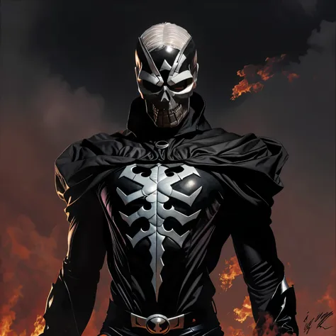 superhero dressed in black with a skull face and white hair art by alex ross