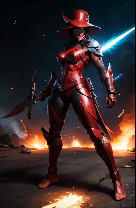 Supervillian, woman, face mask, hat, armory background, illuminated, white light, full body, weapons, futuristic, red, high detailed, posing for battle, blades, explosions, high detail, black leather, barefoot