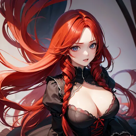 1 girl,Depps Sense,confused,catch light,Super beautiful illustration,(redhead,long hairstyles:1.6),turn around,eye shadow,(Red clothes,Gothic Lolita),Upper body,;d,beautiful and delicate flowing hair,delicate and detailed blue eyes,emphasized chest,big bre...