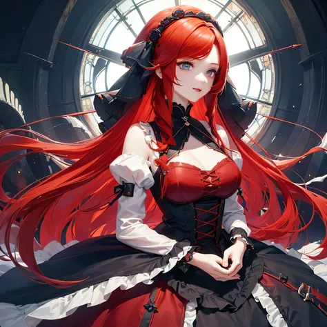 1 girl,Depps Sense,confused,catch light,Super beautiful illustration,(redhead,long hairstyles:1.6),turn around,eye shadow,(Red clothes,Gothic Lolita),Upper body,;d,beautiful and delicate flowing hair,delicate and detailed blue eyes,emphasized chest,big bre...