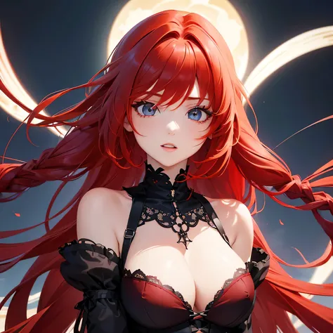 1 girl,Depps Sense,confused,catch light,Super beautiful illustration,(redhead,long hairstyles:1.6),turn around,eye shadow,(Red clothes,Gothic Lolita),Upper body,;d,beautiful and delicate flowing hair,delicate and detailed blue eyes,emphasized chest,big bre...