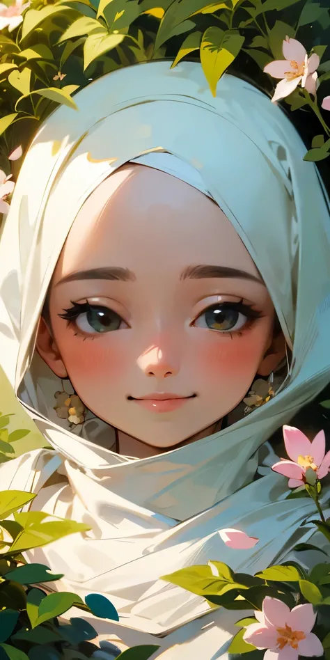 (top quality, masterpiece, ultra-realistic), one beautiful delicate portrait of a girl with hijab, smiling, soft and peaceful expression, squinting eyes full of joy, the background landscape is a garden with petals and puffs flying around. --v6