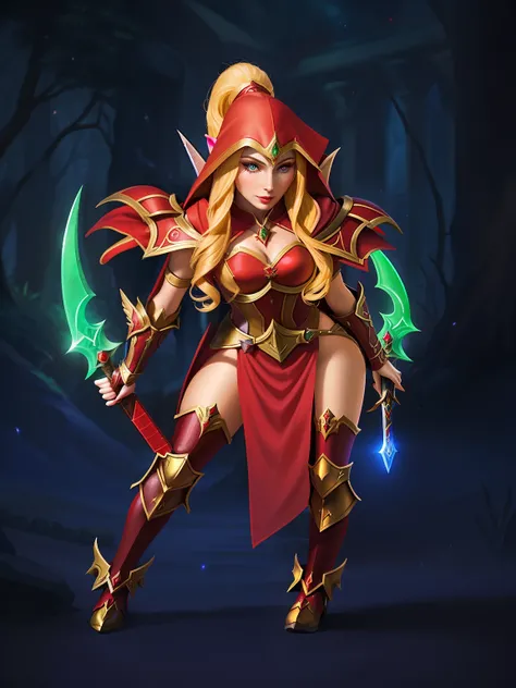 a close up of a woman in a red dress holding a sword, alluring elf princess knight, elf girl, epic mage girl character, sylvanas windrunner, female elf, elf warrior, elf princess knight, world of warcraft art style, female mage, female mage!, mighty plump ...