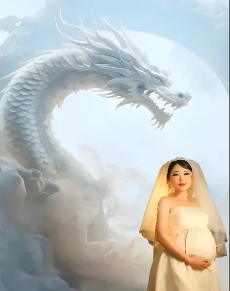 Pregnant woman in wedding dress standing in front of dragon, Dragon in the background, the dragon girl portrait, Inspired by Zhao Zuo, Inspired by Zhang Yin, Inspired by Zhu Derun, Inspired by Zhang Daqian, dragon girl, Inspired by Luo Mu, inspired by tree...