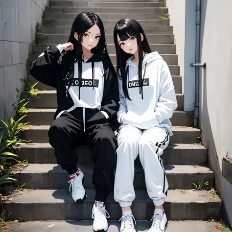 Two beautiful and cute girls, long black hair, white and black hoodie, trousers, sneakers, decent, tall, sit, stairs